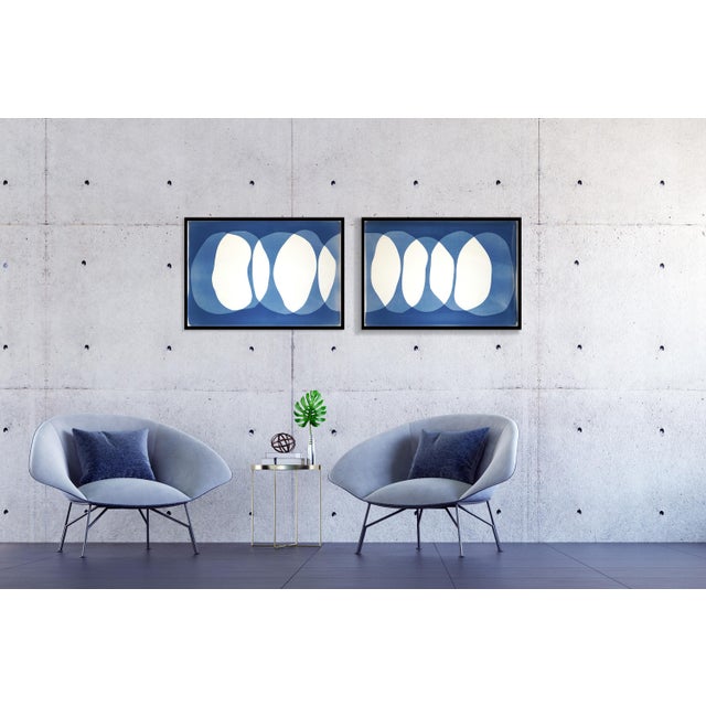 Contemporary 2026, Nine Lives, Minimalist Horizontal Diptych in Blue Tones, Circles Sequence, Monotype Cyanotype on Paper by Kind of Cyan For Sale - Image 3 of 10