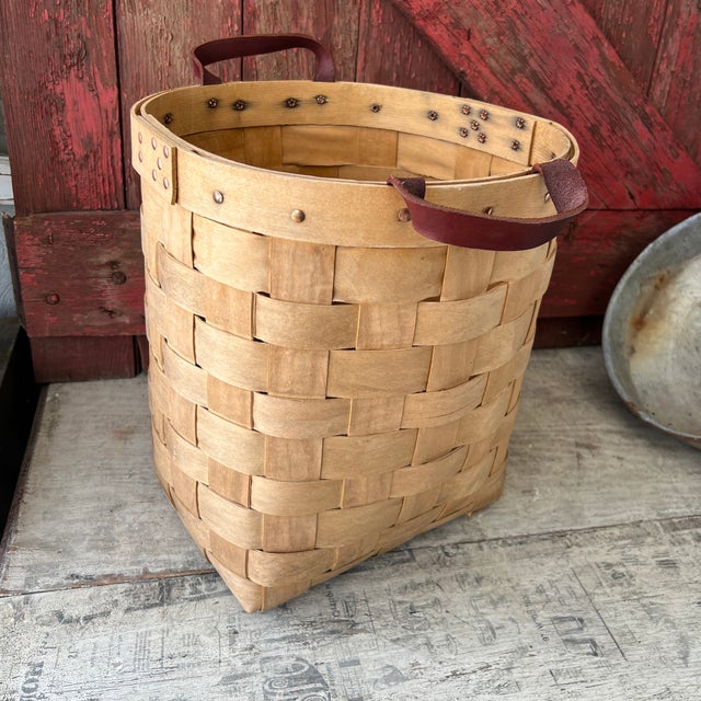 Handcrafted Mountain Trails Basket With Leather Handle 15" High 13" Wide Vintage For Sale - Image 10 of 14