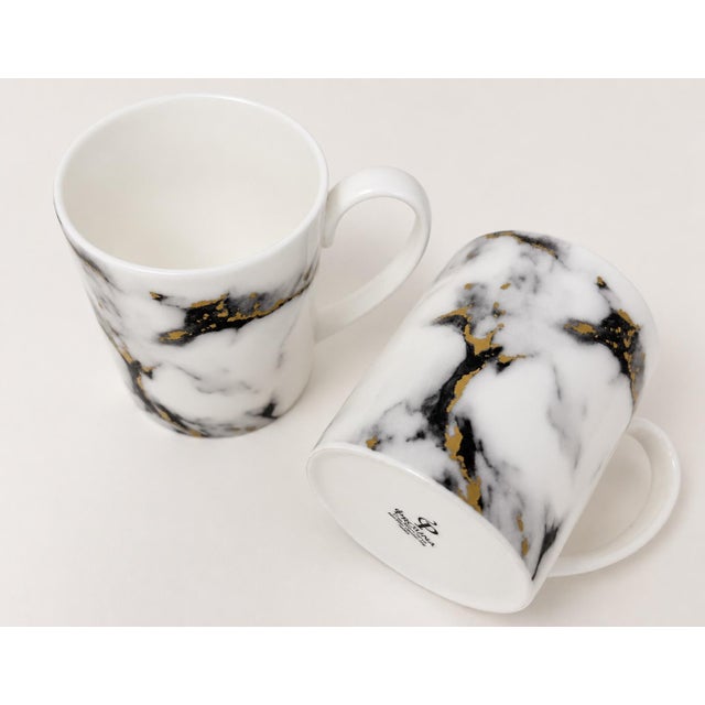 Contemporary Prouna Marble Venice Fog Fine Bone China Coffee Cups and Plates, Set of 4 For Sale - Image 3 of 6