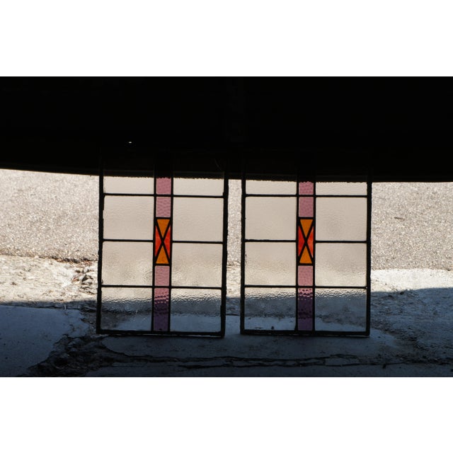 Pair of Antique Reclaimed Leaded Stained Amethyst Glass Window Panels For Sale - Image 4 of 12
