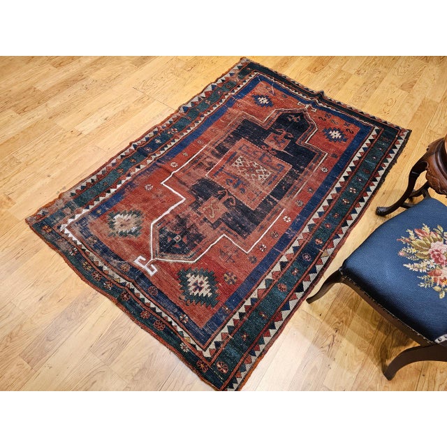 Antique Fachralo Kazak Prayer Rug, Handwoven Wool, Persimmon & Green, 4' x 6' For Sale In Chicago - Image 6 of 18