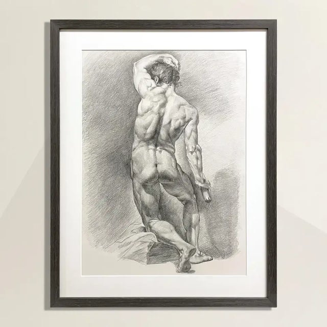 A stunning late 20th-century academic graphite-on-paper male figure drawing showcasing a skillful attention to...