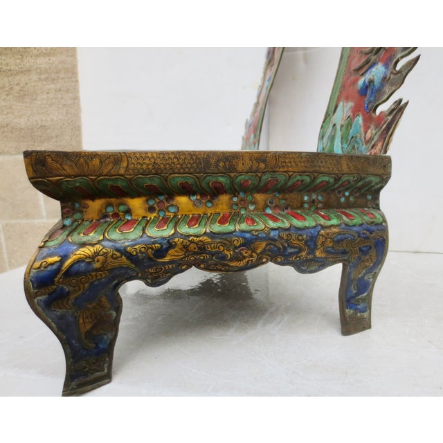 Chinese enamel shrine stand for the Buddha image. Large-legged rectangular stand with a two-part enameled mandorla mounted...