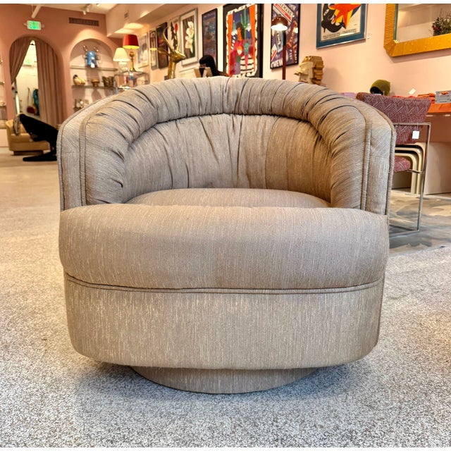 1980's Ruched Back Swivel Barrel Chair For Sale - Image 10 of 12