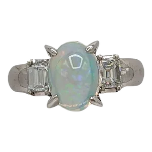 Opal and White Diamond Three Stone Ring in Platinum, size 6.25