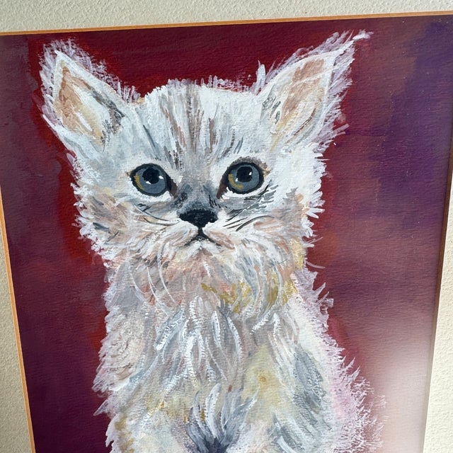 Vintage framed and matted acrylic painting of a white cat. Framed and matted, although I would say it could probably use a...