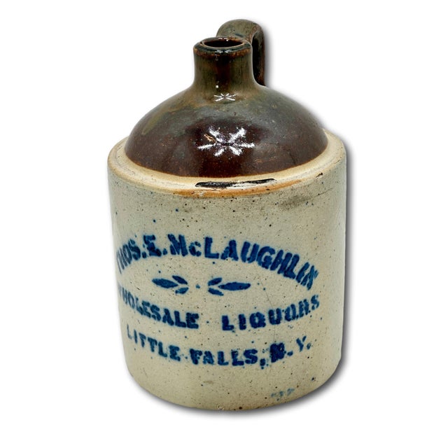 Nice Small Antique 1/2 Gallon Size Stoneware Wholesale Liquor Merchants Jug From Little Falls New York For Sale In Boston - Image 6 of 18