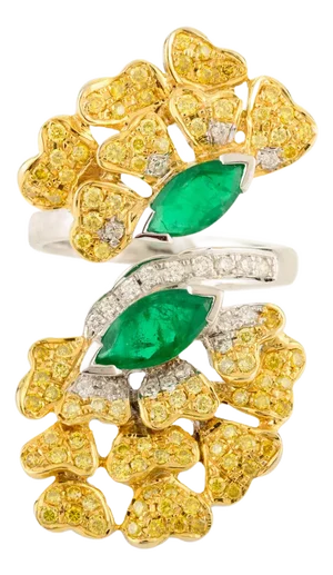 Adjustable Contemporary Ring With Emeralds & Yellow Diamonds Size 7