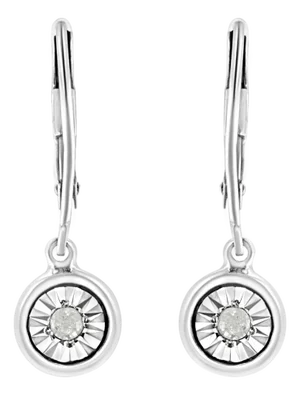 .925 Sterling Silver 1/10 Cttw Bezel-Set Round-Cut Diamond Accent Dangle Earring (I-J Color, I3 Clarity)