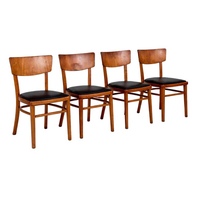 Mid-Century Beech Dining Chairs with Black Vinyl Seats, 1950s, Set of 4 For Sale
