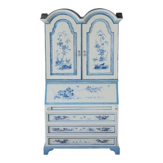 Vintage Chinoiseries White Hand-Painted Blue and White Secretary Cabinet For Sale