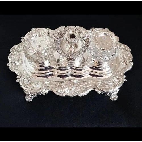 A handsome Victorian silver-plated inkwell stand by Creswick & Co. of Sheffield, dating to circa the 1850s. This...