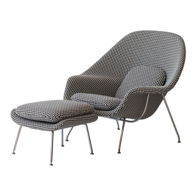 1970s Womb Chair + Ottoman by Eero Saarinen for Knoll in Houndstooth For Sale