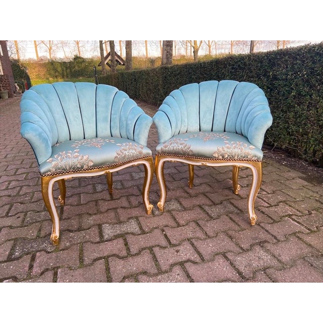 French 1980s Artisan Gilded Beech Louis XV Blue Side Chairs Pair For Sale - Image 3 of 10
