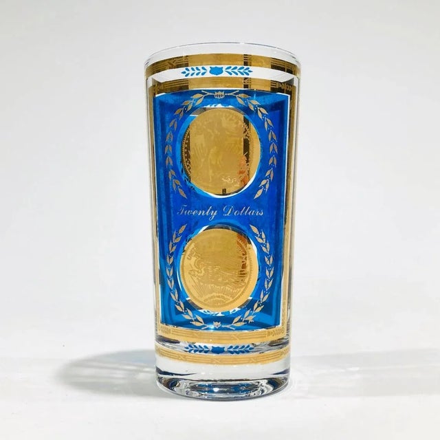 Culver Ltd. Vintage Culver Blue & 22k Gold Coin Highball Cocktail Glasses - Set of Six For Sale - Image 4 of 6