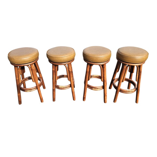 Set of Four Mid Century Bamboo Swivel Bar Stools For Sale - Image 4 of 8