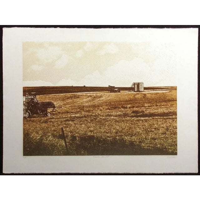 Unframed limited edition etching art print on Arches paper of a western farm landscape by .American artist Ted Thomas Hand...