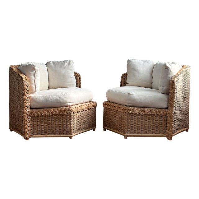 Vintage Brown Jordan Braided Wicker Lounge Chairs, Pair For Sale
