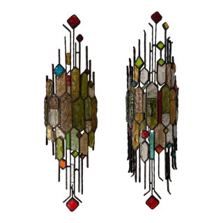 Large Pair of Hammered Glass Wrought Iron Sconces by Longobard, Italy. 1970s For Sale