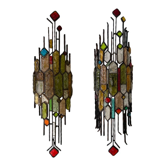 Large Pair of Hammered Glass Wrought Iron Sconces by Longobard, Italy. 1970s For Sale