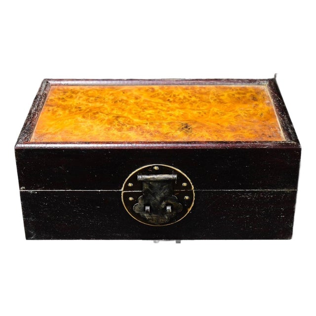 Vintage Chinese Rosewood & Golden Camphor Burl Wood Jewelry Box For Sale