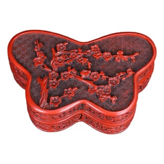 Vintage Chinese Carved Cinnabar Lacquer Box – Butterfly Form With Plum Blossom Motif For Sale