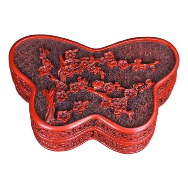 Vintage Chinese Carved Cinnabar Lacquer Box – Butterfly Form With Plum Blossom Motif For Sale