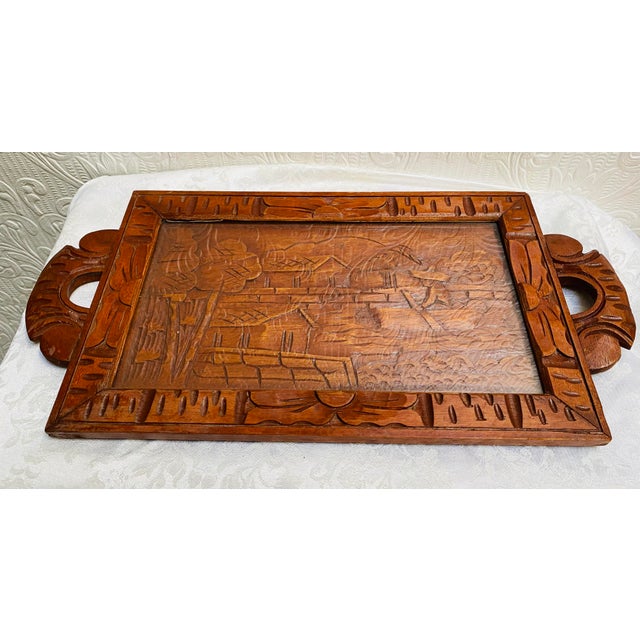 Chestnut Vintage Mid Century Modern Hand-Carved Wood Mexican Tray For Sale - Image 8 of 8