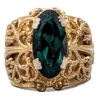 Vintage 1960s Signed Napier Goldtone Oval Faux-Emerald Adjustable Ring For Sale