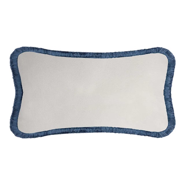 Happy Pillow Soft Velvet Cushion in White with Blue Fringe For Sale