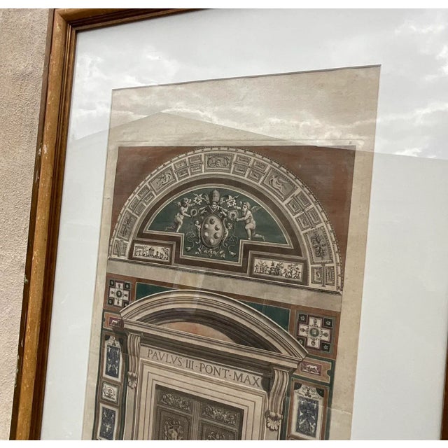 Wood Vintage Pair of Hand Colored Engravings After Raphael “Le Loggie De Raffaello” From the Breakers Hotel For Sale - Image 7 of 11