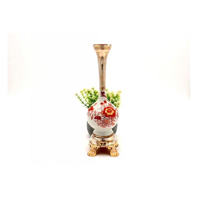 Metal Porcelain Vase with Silver Neck and Base with Reliefs and Applications For Sale - Image 7 of 7