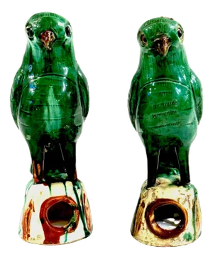 Pair #3 Chinese Export Porcelain Green Sancai Glazed Parrots