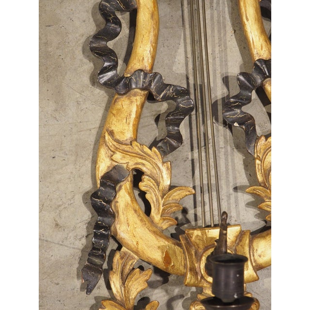 Pair of Italian Giltwood and Ebonized Louis XVI Style Lyre Form Sconces, 1950s For Sale - Image 9 of 18