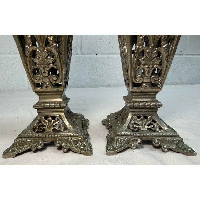 Pair of Antique Victorian Reticulated Open Worked Nickel Plated Brass Vases For Sale - Image 9 of 11