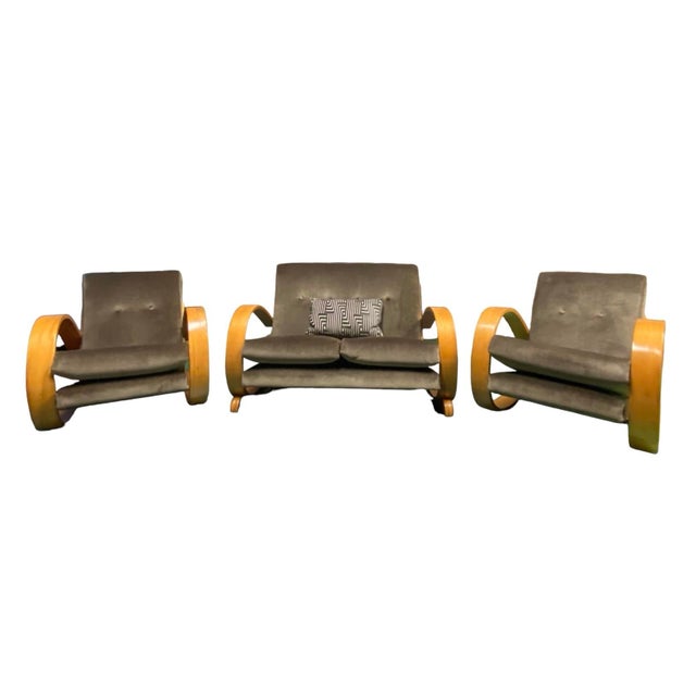 Mid 20th Century 1940s Art Deco Style Sofa / Loveseat With Taupe Mohair Upholstery For Sale - Image 5 of 11