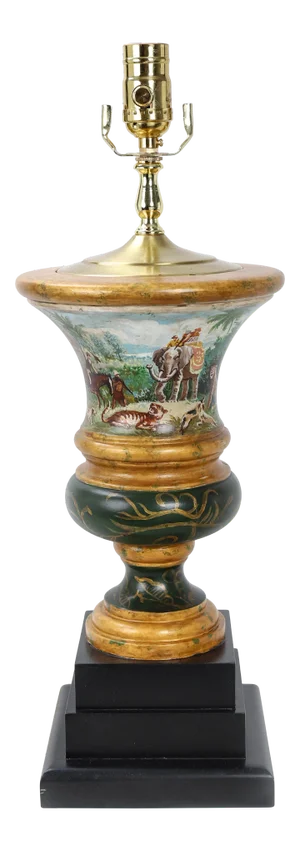 Vintage Trophy Vase Lamp of Poachers Hunting a Tiger