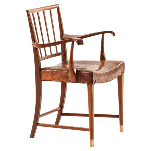 Armchair in Brass, Leather and Mahogany attributed to Jens Brøtterup, 1950s For Sale - Image 11 of 11