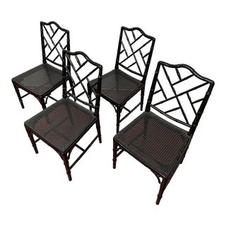 Chinese Chippendale Bamboo Side Chairs in Black Lacquer - Set of 4 For Sale