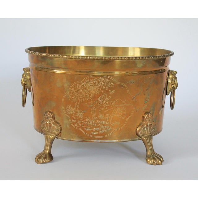 Metal Vintage Oval Brass Cachepot W/ Lion Head Handles, Paw Feet and Etched Asian Motif For Sale - Image 7 of 18