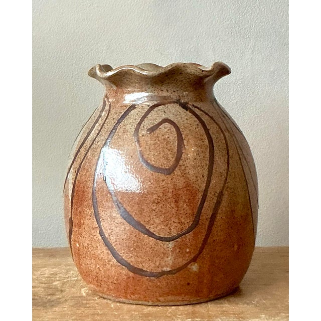 Brown Vintage Boho Original Studio Pottery Ruffle Vase For Sale - Image 8 of 10
