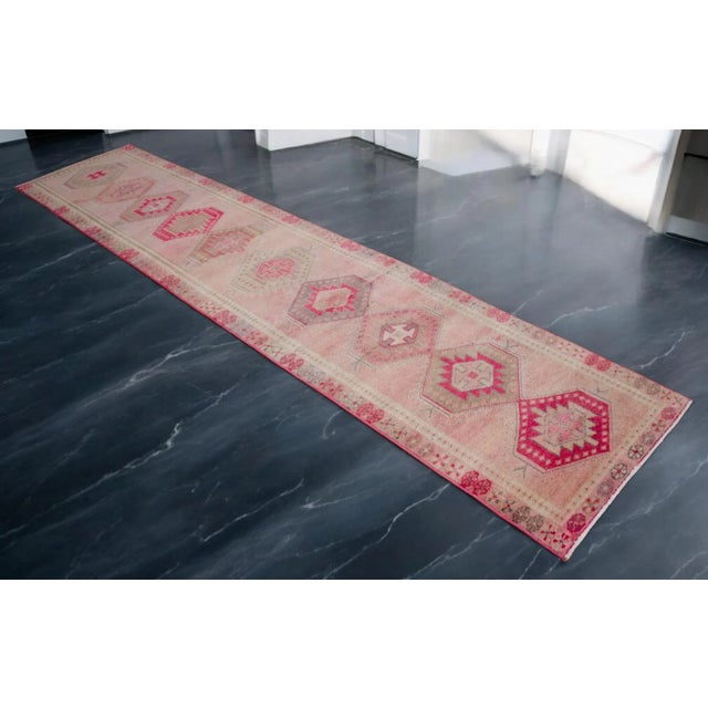 Tribal Hand-Knotted Turkish Runner Rug . Low Pile Hallway Decor Runner Rug 2′9″ × 12′10″ For Sale - Image 3 of 10