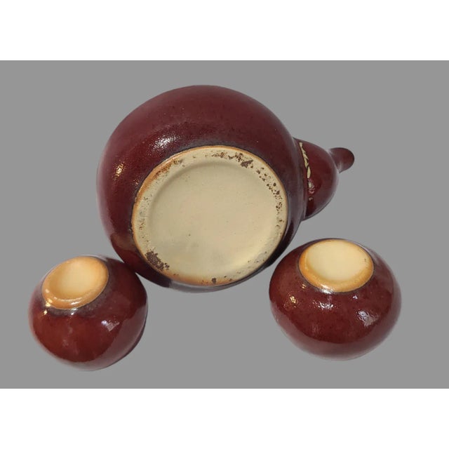 Vintage Asian Red Glazed Earthenware Tea Pot & 2 Cups For Sale - Image 12 of 12