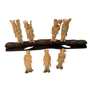 Early 20th Century Hand Carved Chinese Buddha Figurines Sculpture With Base- 8 Pieces For Sale