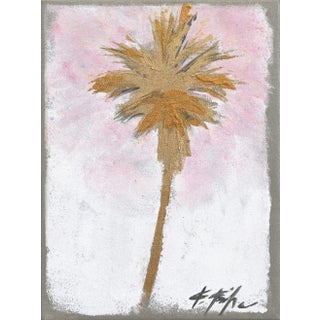 The Palm Is Soft - Gold Palm Tree on Soft Pink Sky Background - Original Artwork by Kathleen Keifer For Sale