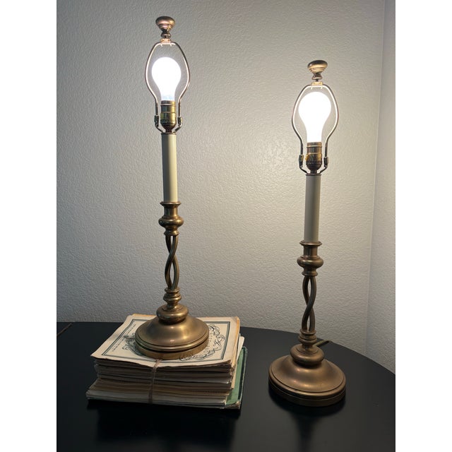 Chapman Manufacturing Co. Brass Barley Twist Candlestick Table Lamps With Foil Shades – Pair For Sale - Image 10 of 12