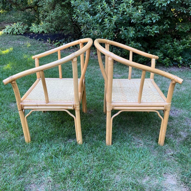 Asian Rattan Horseshoe-Back Armchairs, a Pair For Sale - Image 4 of 13