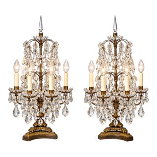 X-Large Pair of Antique French Louis XVI Style Crystal Cut & Gilt Metal Girandoles/Candelabras, Baccarat Style, Table Lamps For Sale