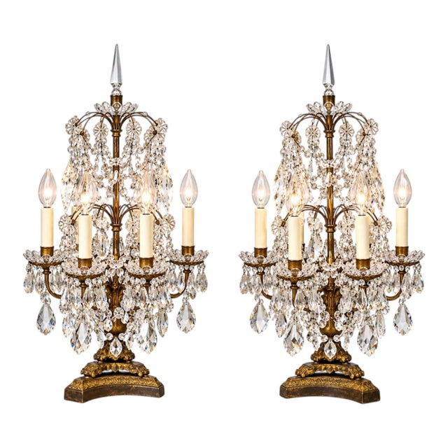 X-Large Pair of Antique French Louis XVI Style Crystal Cut & Gilt Metal Girandoles/Candelabras, Baccarat Style, Table Lamps For Sale