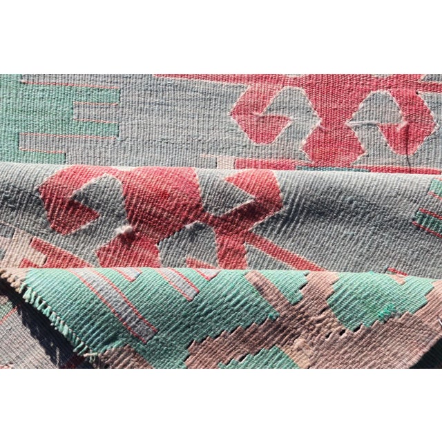 Mid 20th Century Geometric Medallion Vintage Turkish Tribal Kilim Flat-Weave Runner For Sale - Image 11 of 12